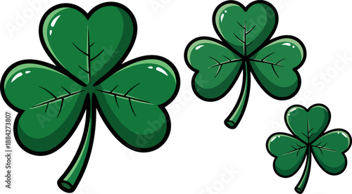 Three glossy green shamrocks symbolizing luck and Irish heritage float against a stark black background illustration