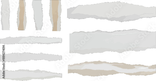 Collection of various ripped paper strips and torn edges featuring white and brown cardboard textures isolated on a black background for collage design