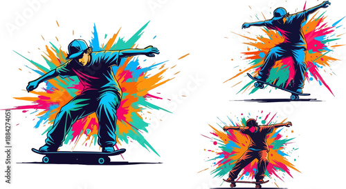 Dynamic collection of stylized skateboarders performing tricks against vibrant neon paint splash explosions