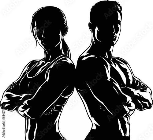 Two athletic fitness models standing back to back with arms crossed showing powerful strength and dedication