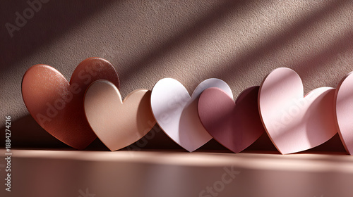 Hearts made of paper arranged in a line on a table during daylight hours