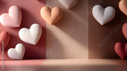 Colorful heart shapes on a wall with soft shadows in a room