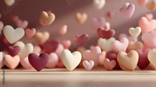 Floating hearts in various colors and sizes fill the space during an art display showcasing love-themed decorations