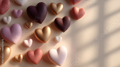 Colorful hearts arranged on a surface with shadows in a warm light