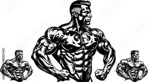 Intense black and white illustration showcasing a highly muscular bodybuilder posing with defined physique details