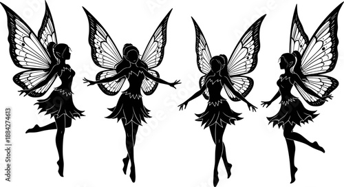 Fairy silhouette collection with detailed butterfly wings in graceful dance poses, fantasy folklore characters, magical and mythical concept, black and white vector illustration isolated
