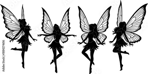 Fairy silhouette collection with detailed wings in graceful poses, fantasy folklore characters, magical and mythical concept, black and white vector illustration isolated