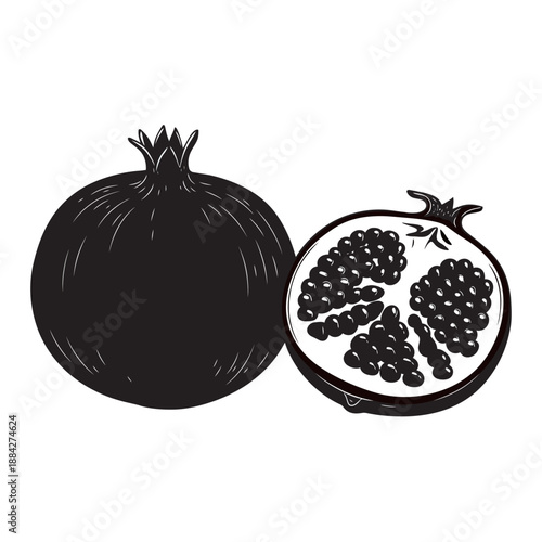 Pomegranate Fruit Illustration - Whole and Half Cut Garnet with Seeds Isolated Silhouette
