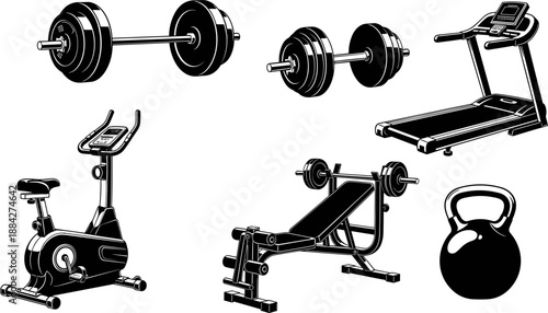 Fitness gym equipment icon set including treadmill dumbbells barbell kettlebell exercise bike bench press, black and white vector illustration isolated on white background