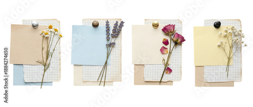 Set of four vintage collage layouts with grid paper blank notes and dried flowers including chamomile lavender roses and babys breath for scrapbooking journaling and craft design