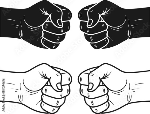 Fist bump and clenched hands vector illustration set isolated on white background, human gesture icons, agreement, strength, conflict and communication symbolism design