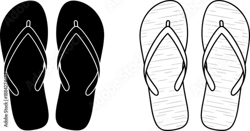 Flip flops sandal silhouette set in black and white, summer beach footwear concept, minimal vector illustration isolated on white background for fashion and travel design