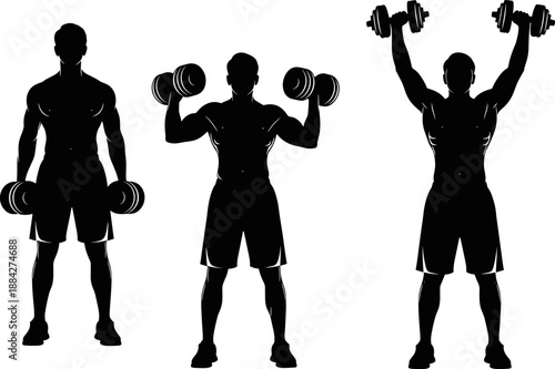 Fitness workout silhouette set showing man exercising with dumbbells in multiple positions, strength training routine, bodybuilding and gym exercise illustration isolated on white background