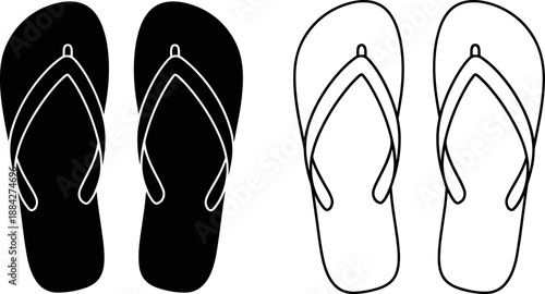 Flip flops sandal silhouette and outline vector illustration set isolated on white background, summer beach footwear icons, casual vacation shoes for travel, fashion and lifestyle design