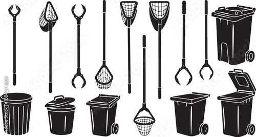 Collection of trash cans and waste management tools illustration