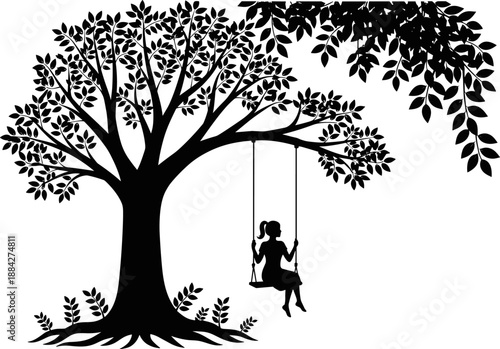 Girl silhouette swinging from tree branch, childhood innocence and joy concept, nature play scene, black and white vector illustration isolated on white background