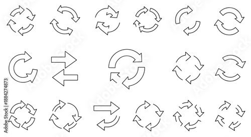 A collection of various outline arrow icons representing concepts like refresh, recycle, repeat, rotation, and exchange, isolated on a white background.