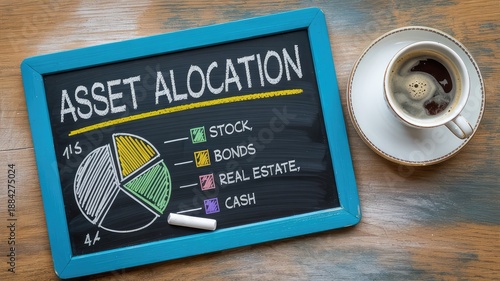 Chalkboard displaying asset allocation pie chart for financial investment strategy planning with a c