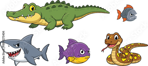 Cartoon aquatic and reptile animal set, kids character illustration, colorful fish and snake drawing, funny expressions, educational vector design