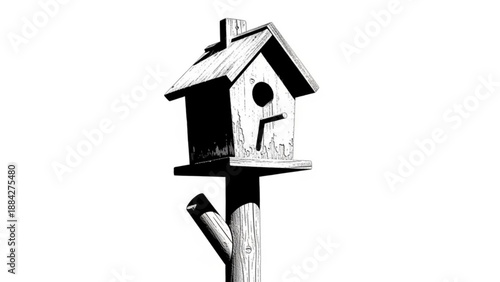 A birdhouse on a wooden pole, standing alone, viewed from the front, in a serene environment.