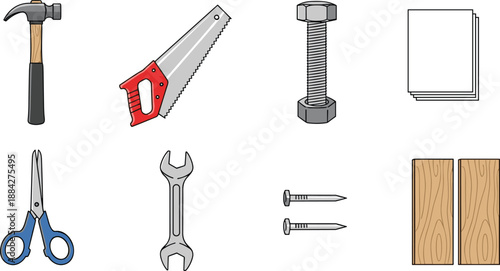 Cartoon construction tools and materials set, DIY equipment vector, kids learning illustration, crafting items, hardware drawing, educational objects