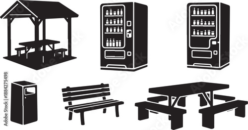 Outdoor park facilities and vending machines illustration set black