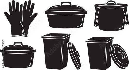 Black and white kitchen utensils and cookware set illustration
