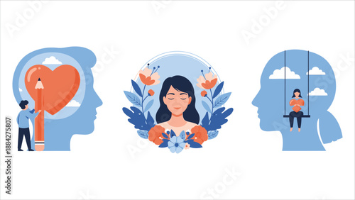  Mental Health and Self Care Vector Illustration Set..eps