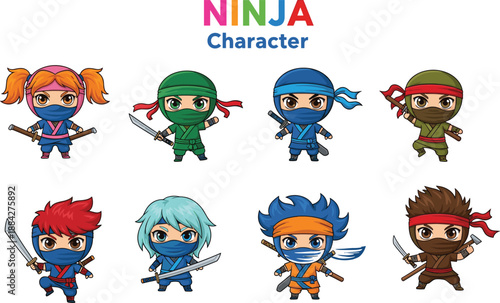 Cartoon ninja character set, colorful warrior poses, kids game design, martial arts vector, masked fighters, action hero illustration