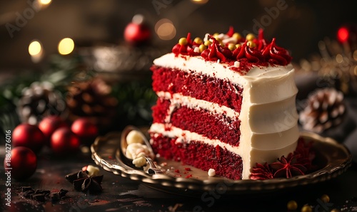Luxurious layered red velvet cake with smooth cream cheese frosting on a dark canvas