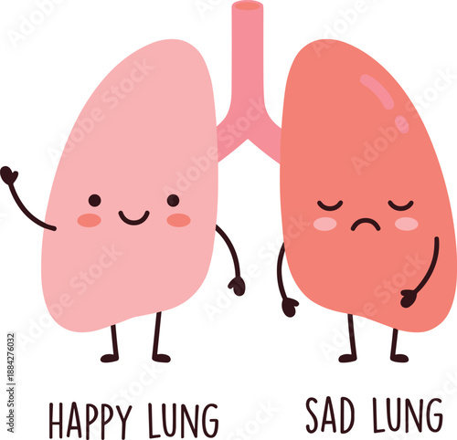 Flat vector illustration, happy and sad lungs, cartoon respiratory health, anthropomorphic organs, medical awareness, lung condition, health education