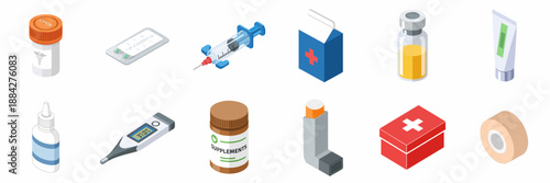 Isometric icons set of medical equipment, pharmaceuticals, and health supplies on a white background.