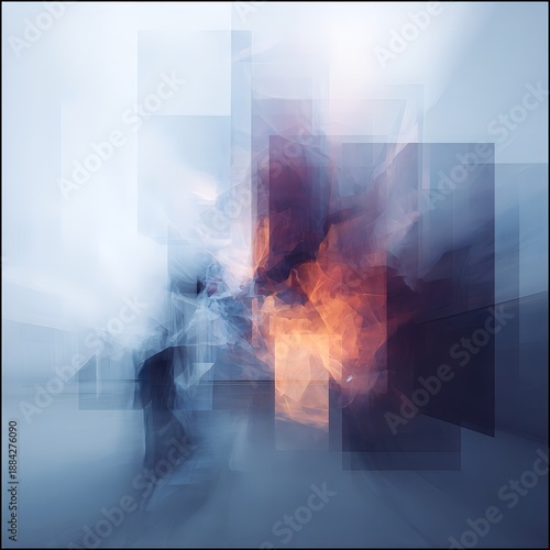 氷と炎のような抽象コンポジション｜Abstract contrast of fire and ice, translucent geometry, layered digital art, 青とオレンジ, フュージョン, 幻想的な構成