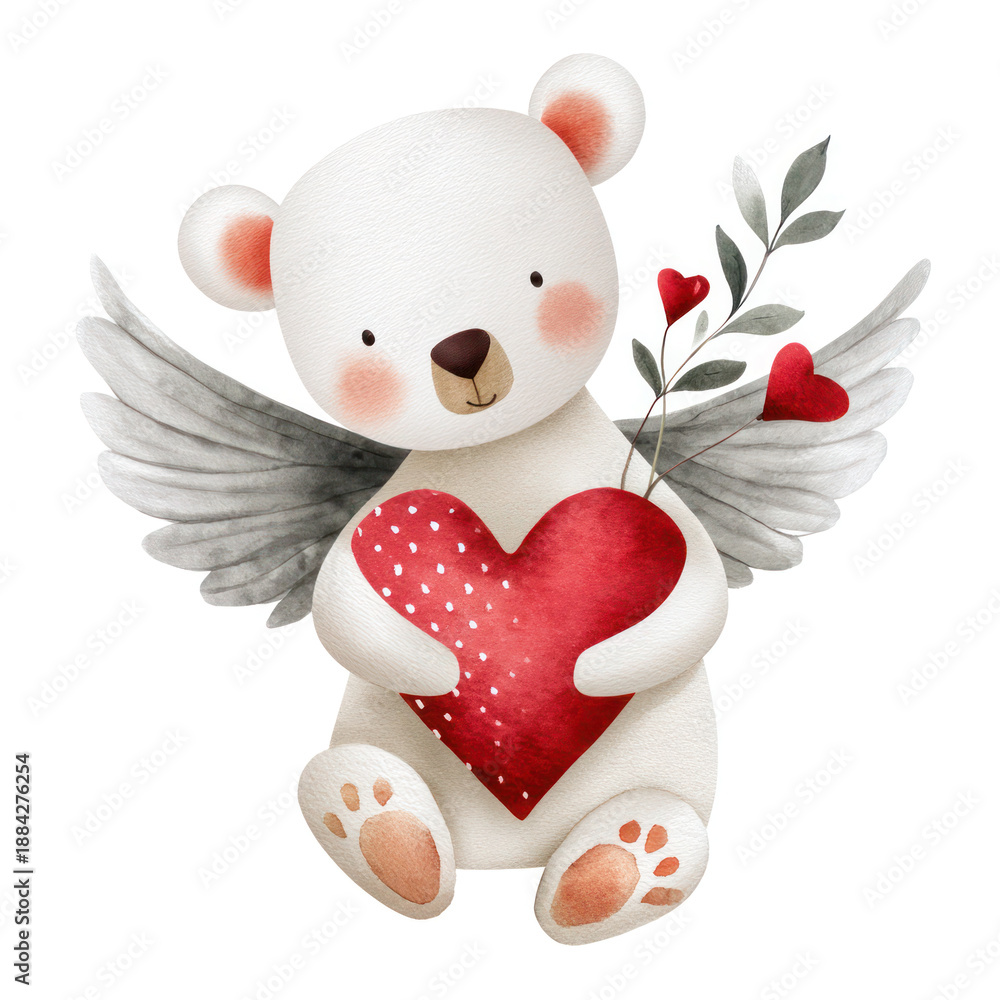 Fototapeta premium Cute angelic bear illustration holding a red heart with wings and greenery, perfect for Valentine's Day celebrations and romantic themes