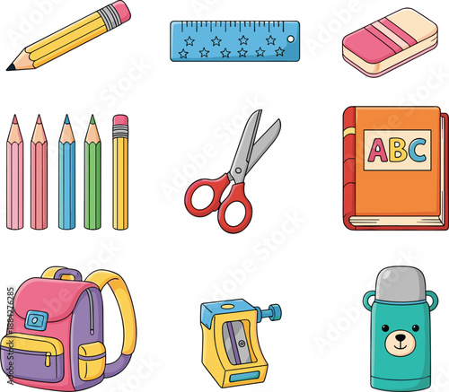 Colorful school supplies cartoon set, kids stationery vector, educational back-to-school illustration, labeled learning items, classroom tools drawing