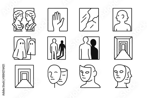 Mask illusion twin hand infinite icons reflection statues broken surreal vector mirror