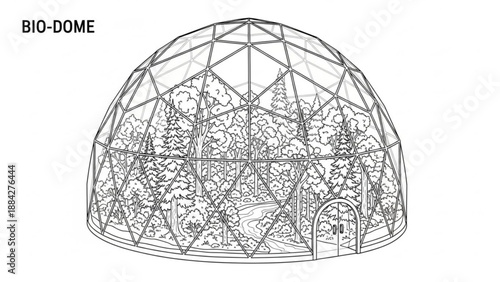 A geodesic dome, a bio-dome, showcases a lush interior with vegetation and trees, depicted in a detailed line drawing from a front viewpoint.