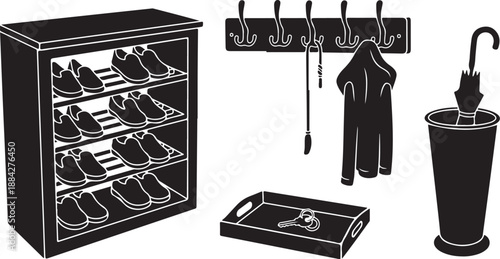 Black and white illustration of entryway organization system