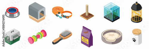 Isometric Icons Set of Essential Pet Accessories and Supplies for Various Animals, Isolated on White Background.