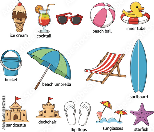 Labeled cartoon beach and summer items set, kids educational vector, colorful vacation accessories, playful seaside illustration for learning