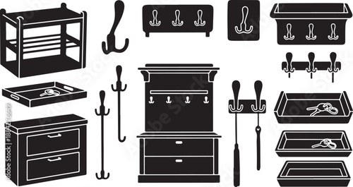 Collection of various black furniture and household items icons