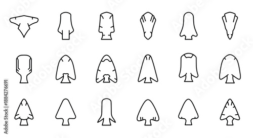Collection of various arrowhead shapes and designs, illustrating different historical and archaeological projectile points from ancient cultures.