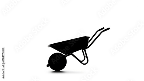 Striking black silhouette of a garden wheelbarrow, standing out against a bright white background, representing essential tools for gardening, construction, and outdoor labor