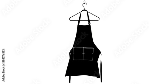 Black Chef Apron Hanging on a Metal Hanger Isolated on a White Background