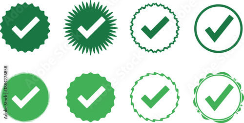 Green check mark checkbox icon set with square and circle frames, correct accept tick symbols and checklist signs, vector illustration.eps
