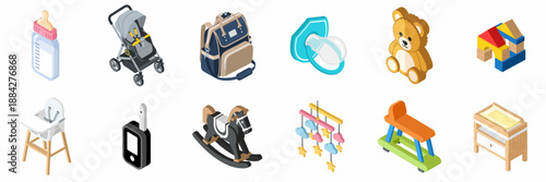 Isometric Baby and Childcare Icons Set: Essentials including Stroller, Bottle, Pacifier, High Chair, Toys, and Changing Table.