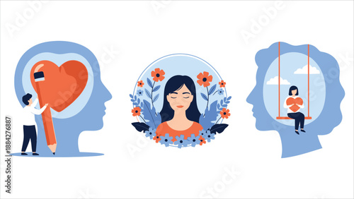 Mental Health and Self Care Vector Illustration Set.