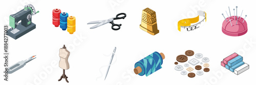 Detailed isometric illustration of essential sewing and tailoring equipment, featuring a vintage machine, mannequin, thread, and measuring tools.