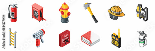 Isometric set of essential firefighting and emergency equipment icons, including extinguisher, hydrant, helmet, axe, hose reel, and alarm pull station.