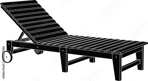 Black silhouette vector illustration of a modern wooden sun lounger with wheels, adjustable backrest furniture for patio, garden, beach, and poolside relaxation,